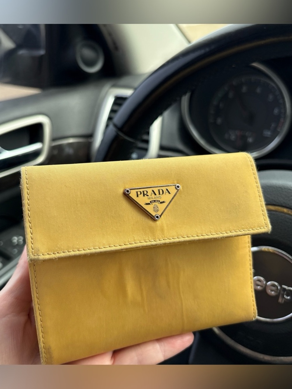 PRADA Triangle Logo Fold Wallet Nylon Butter Yellow ✨USED - Authentic